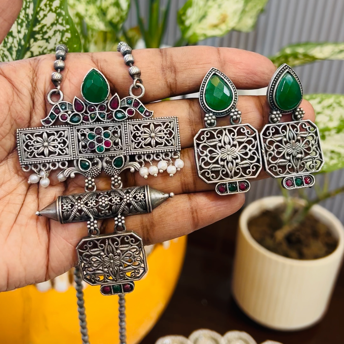 Oxidised Silver Tribal Necklace Set with Gemstone Pendant & Earrings