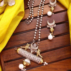 Dual Tone Oxidised Tribal Necklace Set with Crescent Moon Earrings