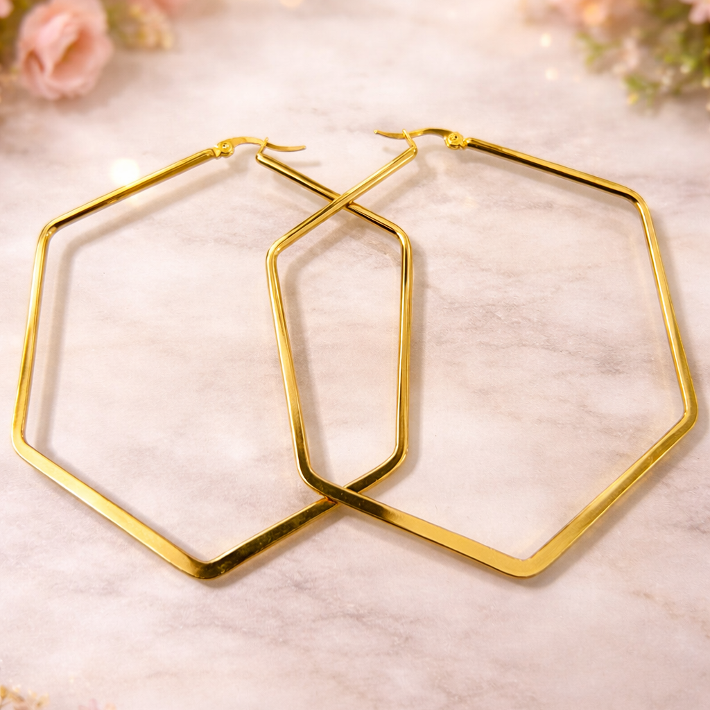 Hexagonal Hoop Earring - 18 K Gold Plated