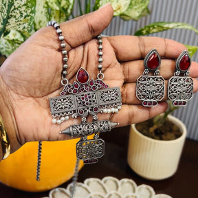 Oxidised Silver Tribal Necklace Set with Gemstone Pendant & Earrings