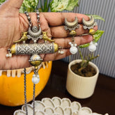 Dual Tone Oxidised Tribal Necklace Set with Crescent Moon Earrings